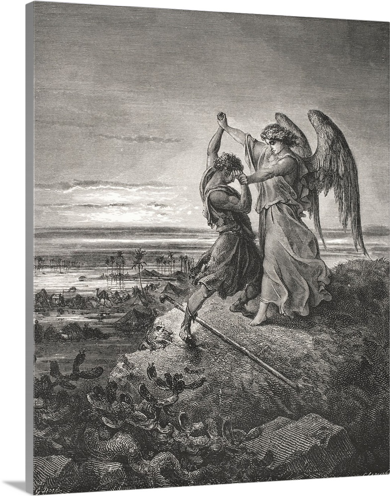 Engraving From The Dore Bible Illustrating Genesis XXXII 24 To 32, Jacob Wrestling With The Angel, By Gustave Dore, 1832-1...