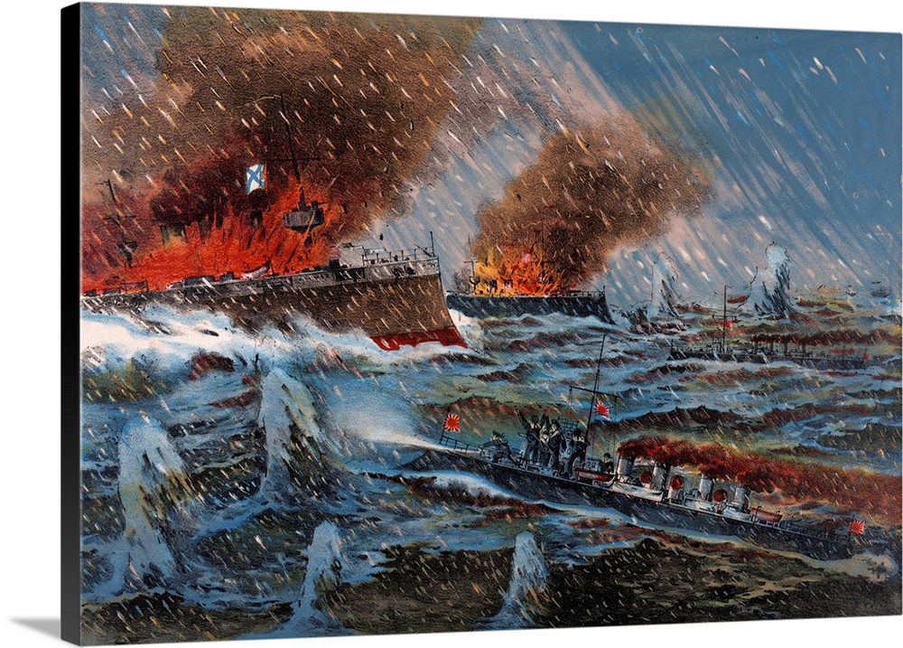 Coloured woodcut illustration of Japanese naval forces fighting the Russian Men of war in a stormy sea. Dated c1904.