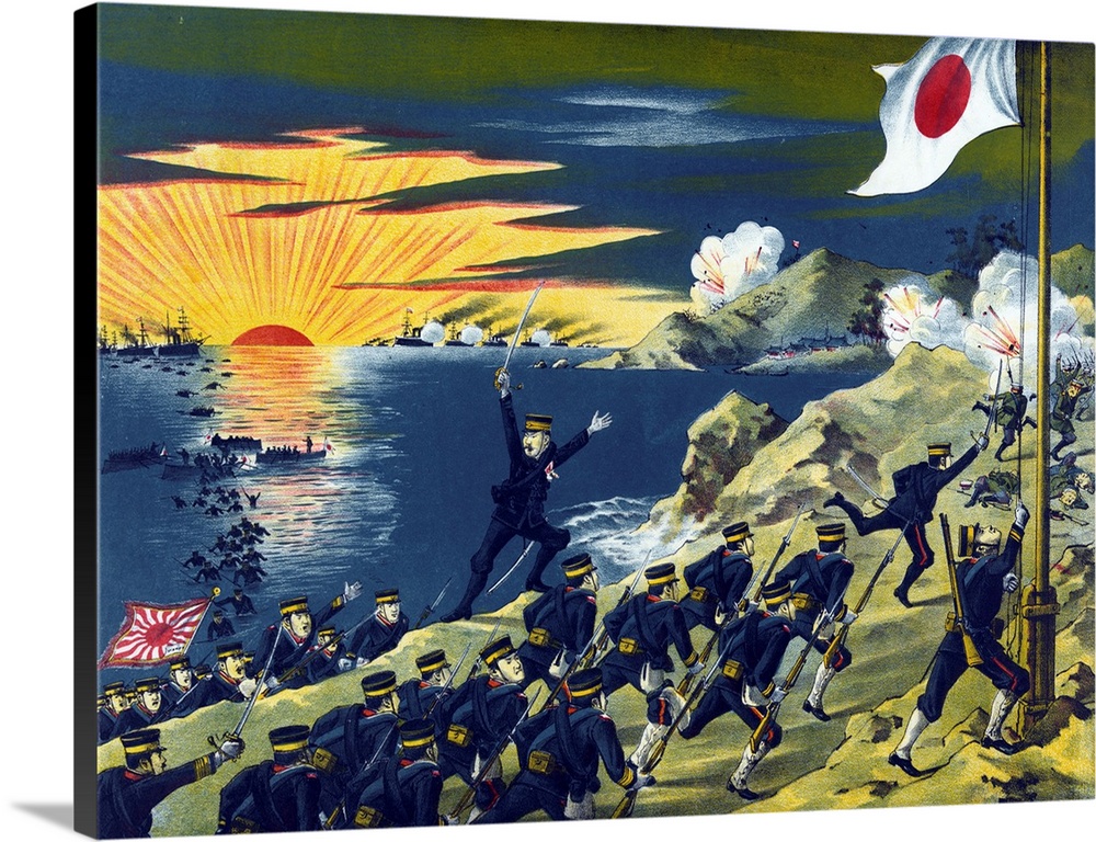 Woodcut illustration of the Japanese Second Army landing on the Liaodong Peninsula. As a result, the Russian troops flee. ...