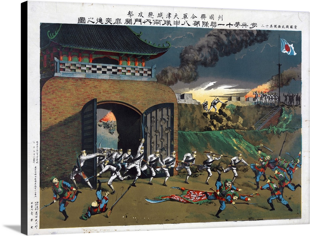 Japanese troops bursting through a gate and engaging the Boxer forces at Tianjin, China. 1900.
