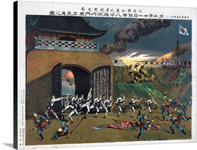 Japanese Troops Bursting Through A Gate And Engaging The Boxer Forces At Tianjin, China