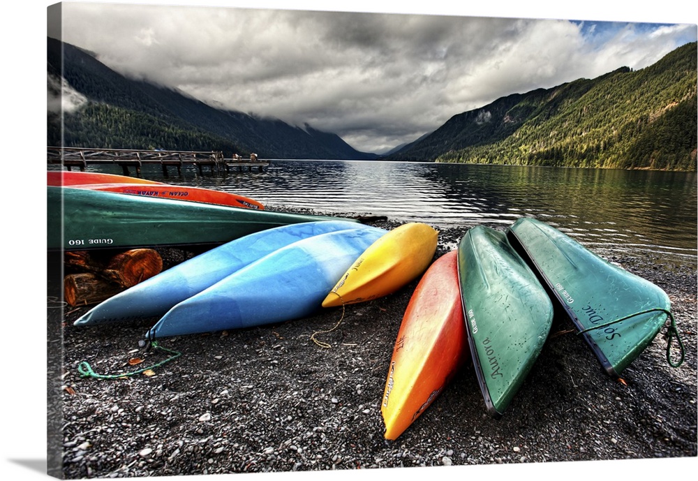 Kayaks on the shore of Lake Crescent.