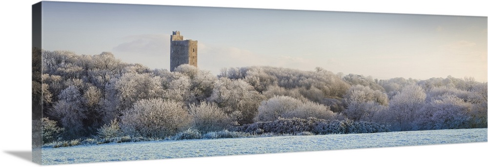Kilworth Castle, an old castle ruins overlooking a snow-covered forest and field in winter at sunrise, stitched composite ...