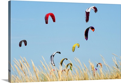 Kites Of Kite Surfers In Front Of Hotel Dos Mares, Tarifa, Andalusia, Spain
