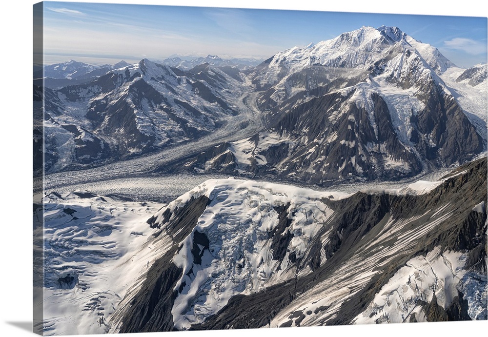 Aerial photo of Kluane national park, with snow covered mountains and glacial masses making up the landscape, Haines junct...