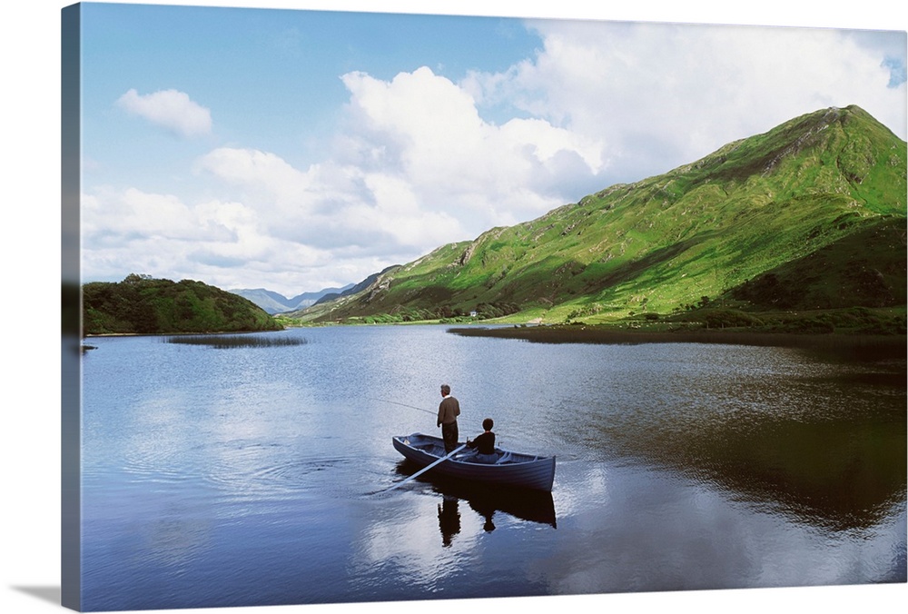 Kylemore Lake, Co Galway, Ireland; People Fishing On A Lake | Large Solid-Faced Canvas Wall Art Print | Great Big Canvas