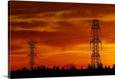 Large Metal Electrical Towers With A Colourful Dramatic Sky, Calgary, Alberta, Canada