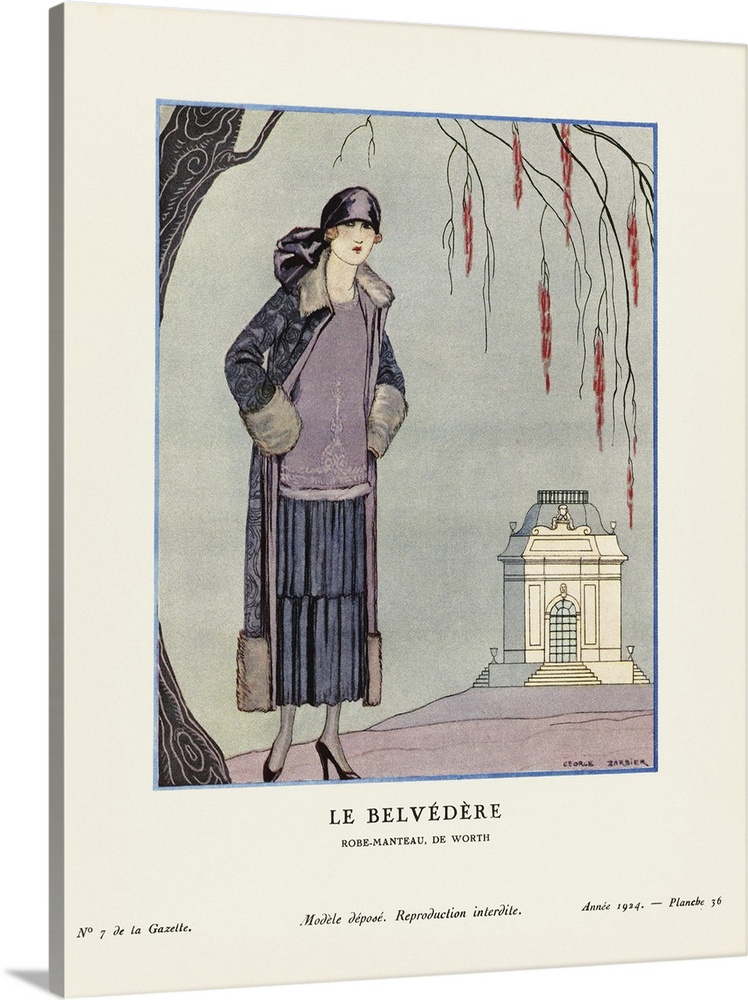 Le Belvedere.  The Belvedere.  Robe-manteau, de Worth.  Dress-coat by Worth.  Art-deco fashion illustration by French arti...