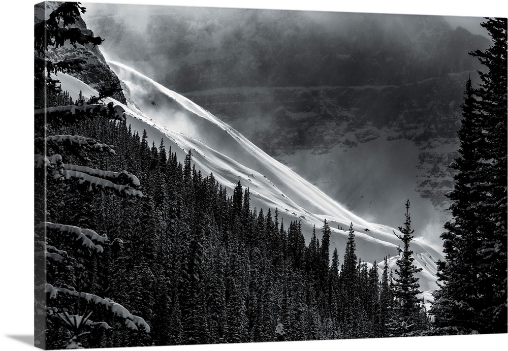 Dramatically lit glacier amongst snow covered evergreen trees and a mountain cliff in the background.