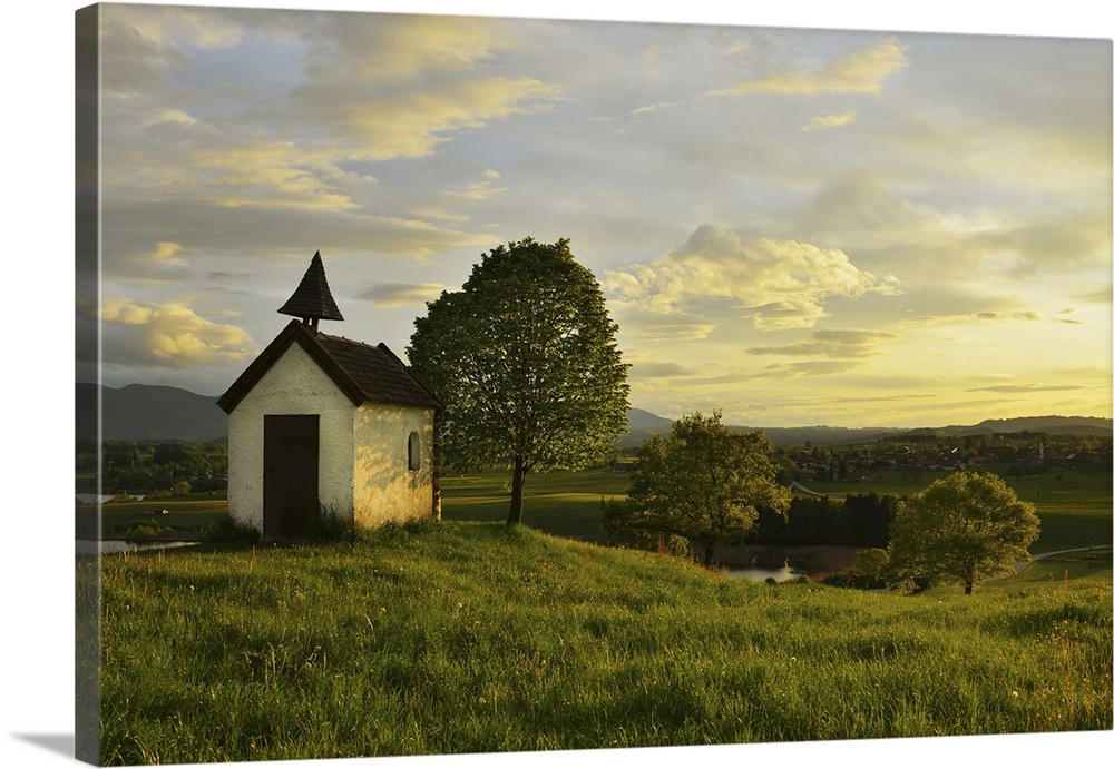 Little Chapel with Tree at Sunset in Spring, Aidlinger Hohe, Bavaria, Germany