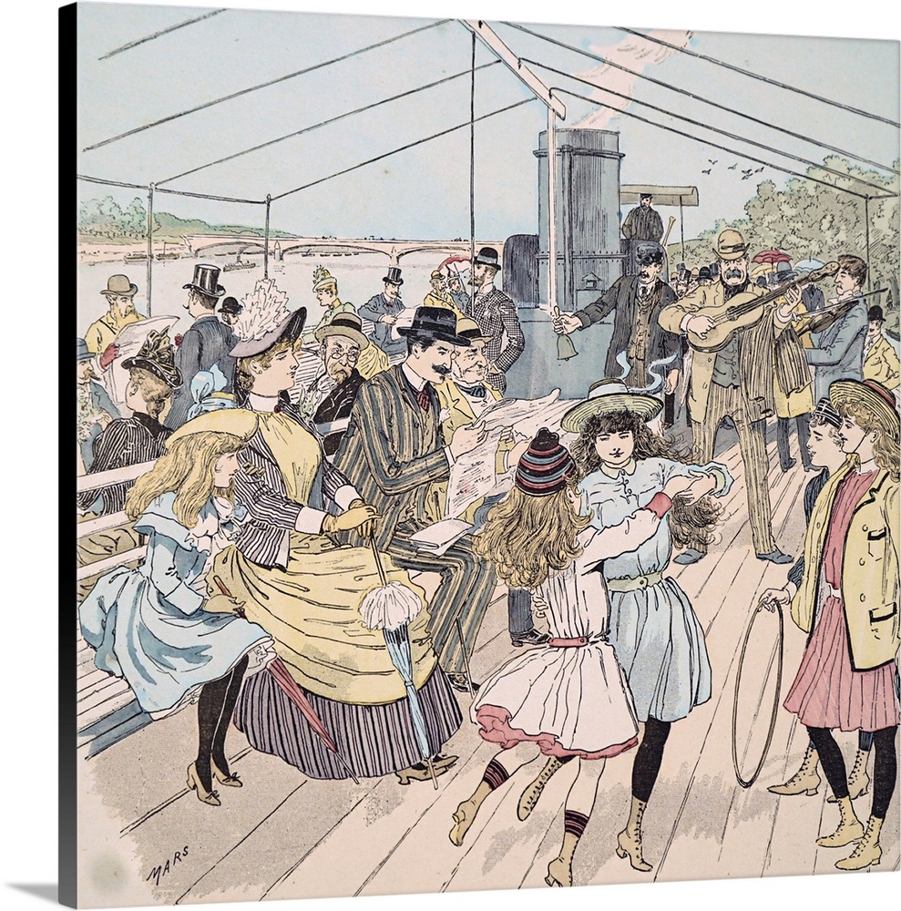 Colour illustration depicting Londoners enjoying trip along a river in Paris on a steam pleasure boat. Illustrated by Mars...