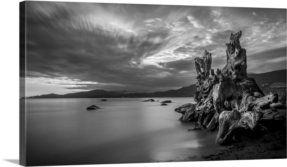 Long exposure of driftwood at the water's edge and a view of the Vancouver coastline at Stanley Park, Vancouver, British C...