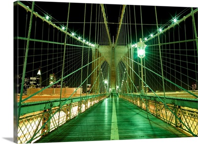 Looking Along Walkway On The Brooklyn Bridge At Night