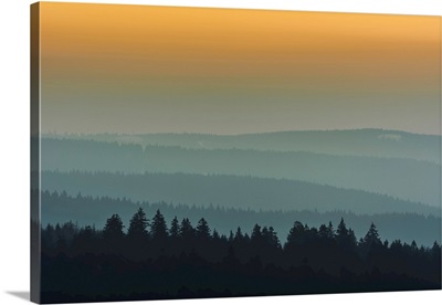 Low Mountain Landscape With Horizon Lines At Dusk, Altenau, Harz, Lower Saxony, Germany
