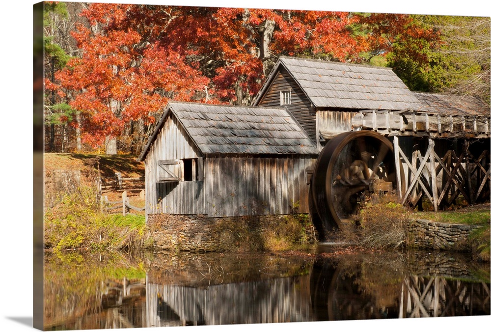Mabry Mill and pond in autumn.