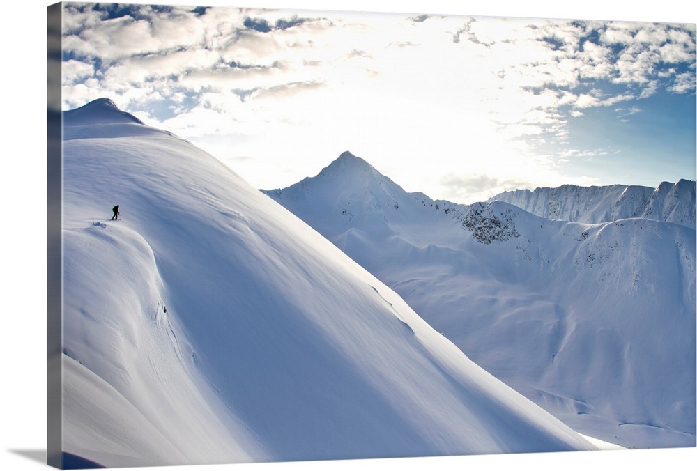 Man Backcountry Skiing In Powder Snow At Wolverine Bowl, Turnagain Pass, Kenai Mountains, Southcentral Alaska, Winter