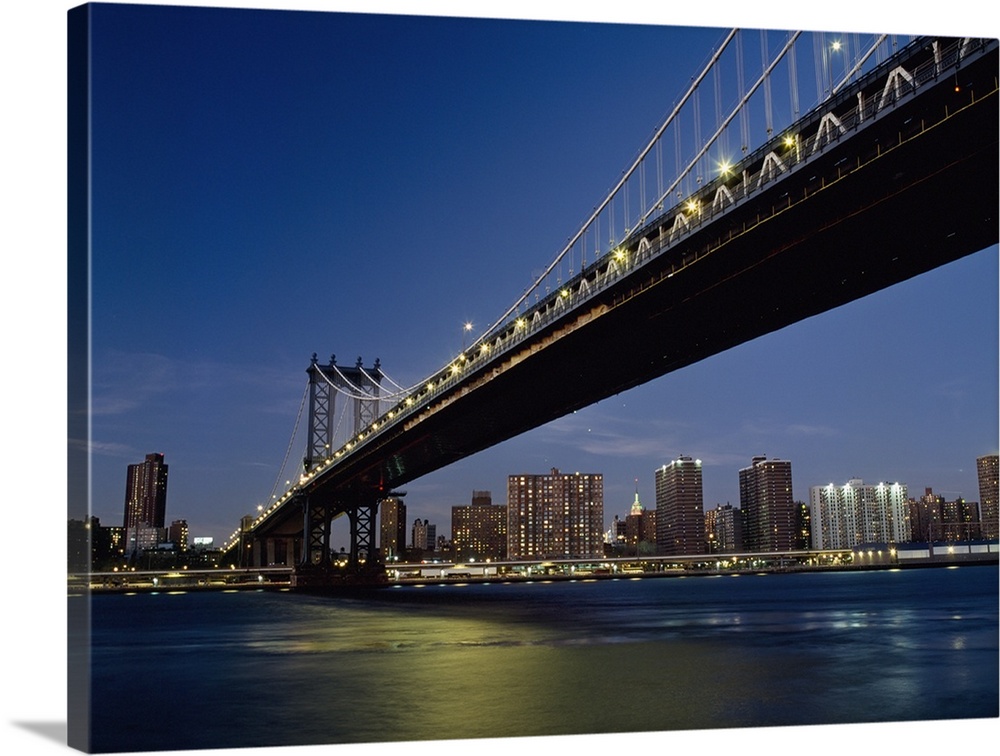 Manhattan Bridge At Dusk With The Empire State Building Behind; New York City, New York
