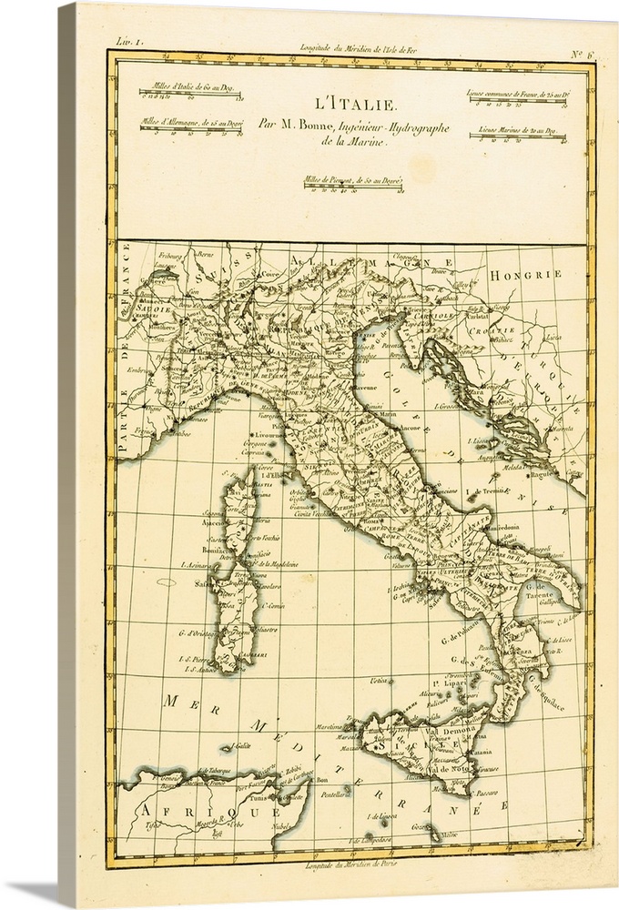 Map Of Italy, Circa. 1760. From "Atlas De Toutes Les Parties Connues Du Globe Terrestre,"? By Cartographer Rigobert Bonne....