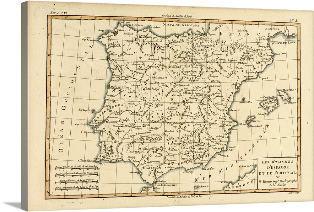 Map Of Spain And Portugal, Circa. 1760. From "Atlas De Toutes Les Parties Connues Du Globe Terrestre,"? By Cartographer Ri...