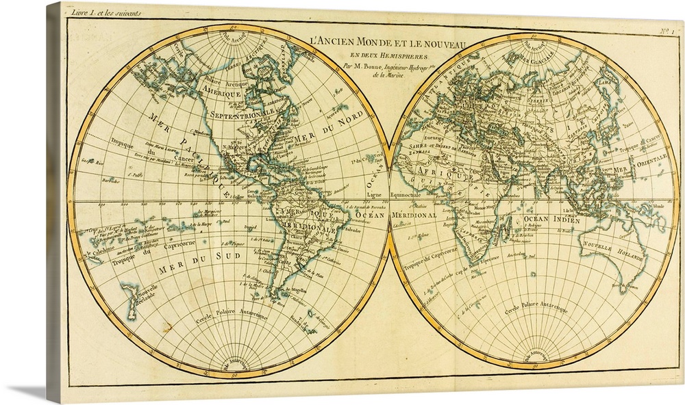 Map Of World, Circa. 1760. From "Atlas De Toutes Les Parties Connues Du Globe Terrestre,"? By Cartographer Rigobert Bonne....