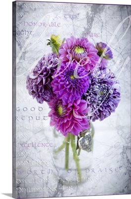 Marbled purple dahlia's arranged in a glass jar with Philippians 4:8