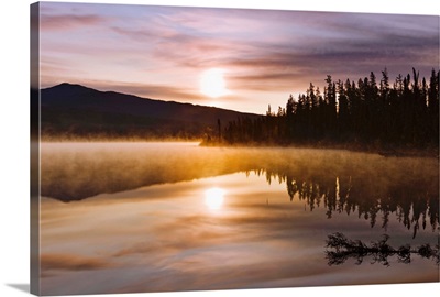 Mist Over Lake At Sunrise, Northern British Columbia, Canada