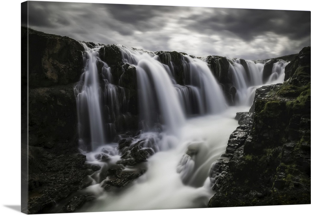 Moody image of waterfalls in the central area of Iceland in a long exposure, Iceland.