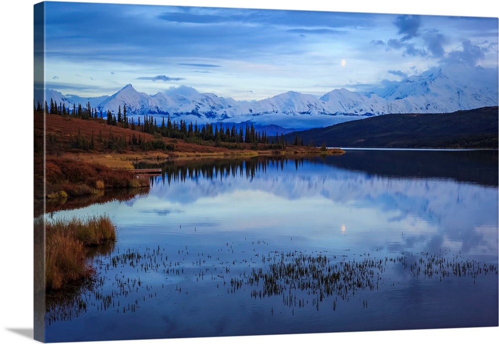 Moonrise over the Alaska Mountain Range with Denali on the right and Brooks on the left, and Wonder Lake in the foreground...