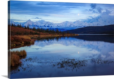 Moonrise Over The Alaska Mountain Range With Wonder Lake, Denali National Park