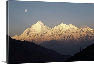 Moonset At Sunrise Over The Himalayan Peaks Of Dhaulagiri And Tukuche, Nepal