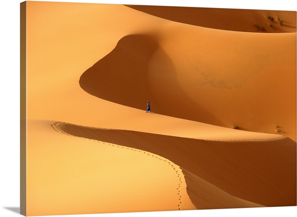 Morocco, Berber 'blue man' walking through sand dunes in Erg Chebbi area; Sahara Desert near Merzouga