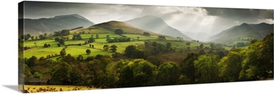 Mountains And Valley At Sunset, Derwent Fells, Lake District, Cumbria, England