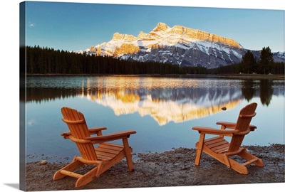 Muskoka Chairs In Front Of Mt Rundle And Two Jack Lake, Alberta, Canada