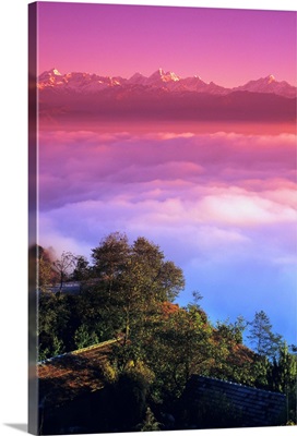 Nepal, Nagarkot, Village Above Clouds, Pink Sunset And Himalayan Mountains In Background