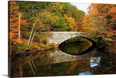 New England, Massachusetts, Blackstone Valley, Bridge Over River In Autumn