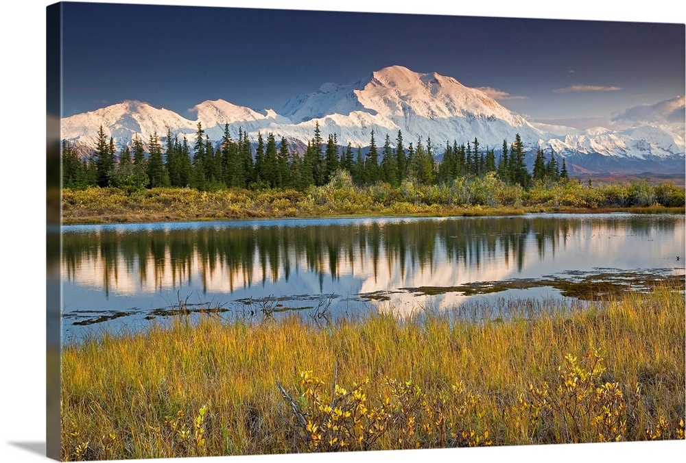 The north face of Denali is reflected in a small tundra pond in Denali National Park, Alaska. Fall 2008.