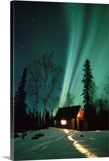 Northern Lights over Cabin Scotty Lake Petersville Rd AK Winter Snow ...