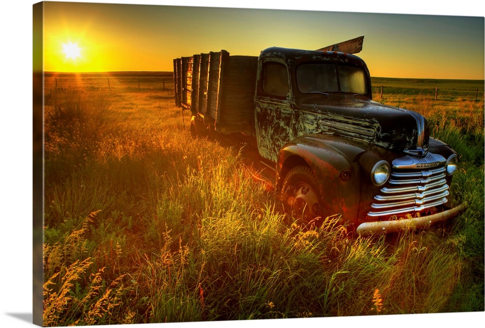 Old Abandoned Farm Truck Illuminated At Sunrise, Saskatchewan, Canada