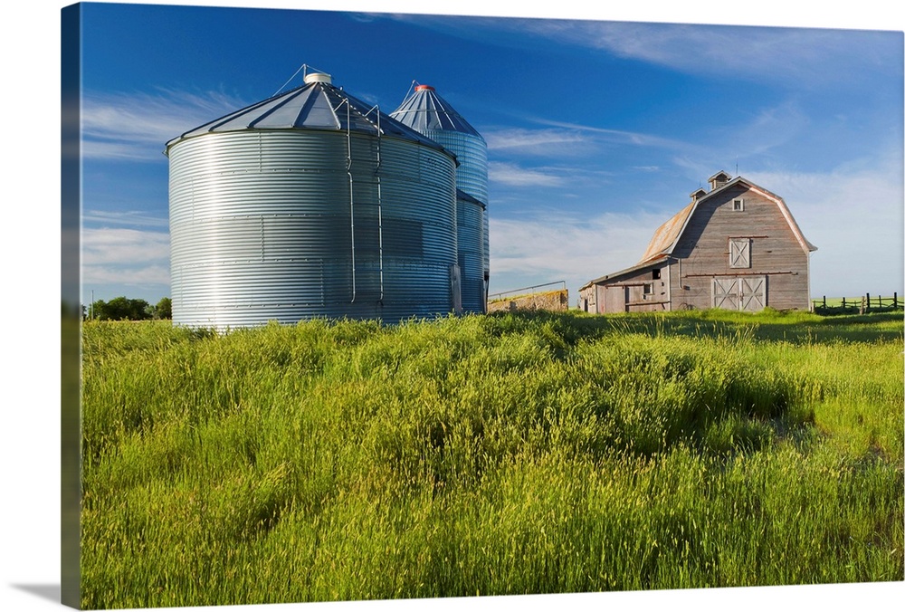 Old Barn With Metal Grain Bins, Ponteix, Saskatchewan, Canada
