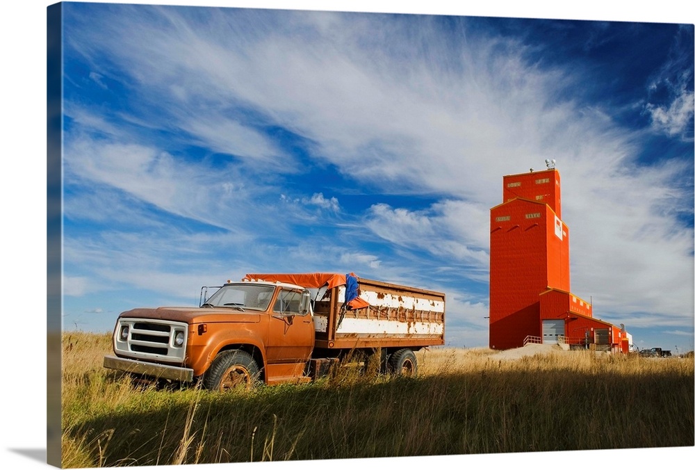 Old Farm Truck And Grain Elevator, Stoughton, Saskatchewan, Canada