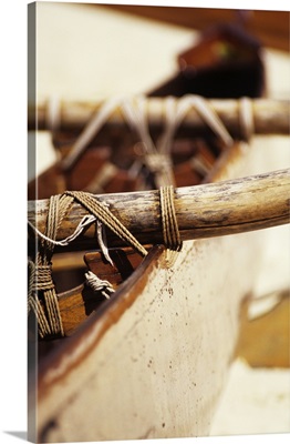 Old Wooden Outrigger Canoe, Detail Of Aku Tightly Secured To Boat