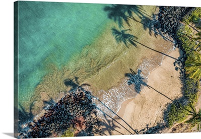 Palm Tree Shadows On Sand Of A Tropical Beach At The Water's Edge, Kihei, Maui, Hawaii