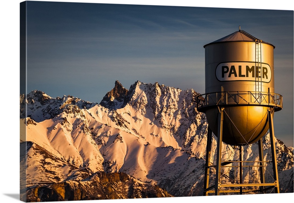 Palmer water tower and Matanuska Peak at sunset in winter, Matanuska Valley, South-central; Palmer, Alaska, United States ...