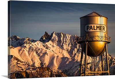 Palmer water tower and Matanuska Peak at sunset, Matanuska Valley, Palmer, Alaska