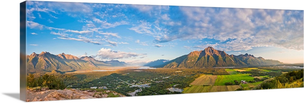 Panoramic view from the top of the Butte of Matanuska Peak, Pioneer Peak and the Knik River in the background, South-centr...