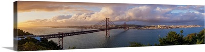 Panoramic View Of 25 De Abril Bridge At Sunset And Cityscape Of Lisbon, Lisbon, Portugal