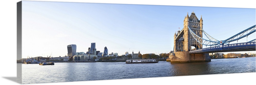 Panoramic view of Tower bridge from Canary Wharf to the city from south bank of the river Thames.