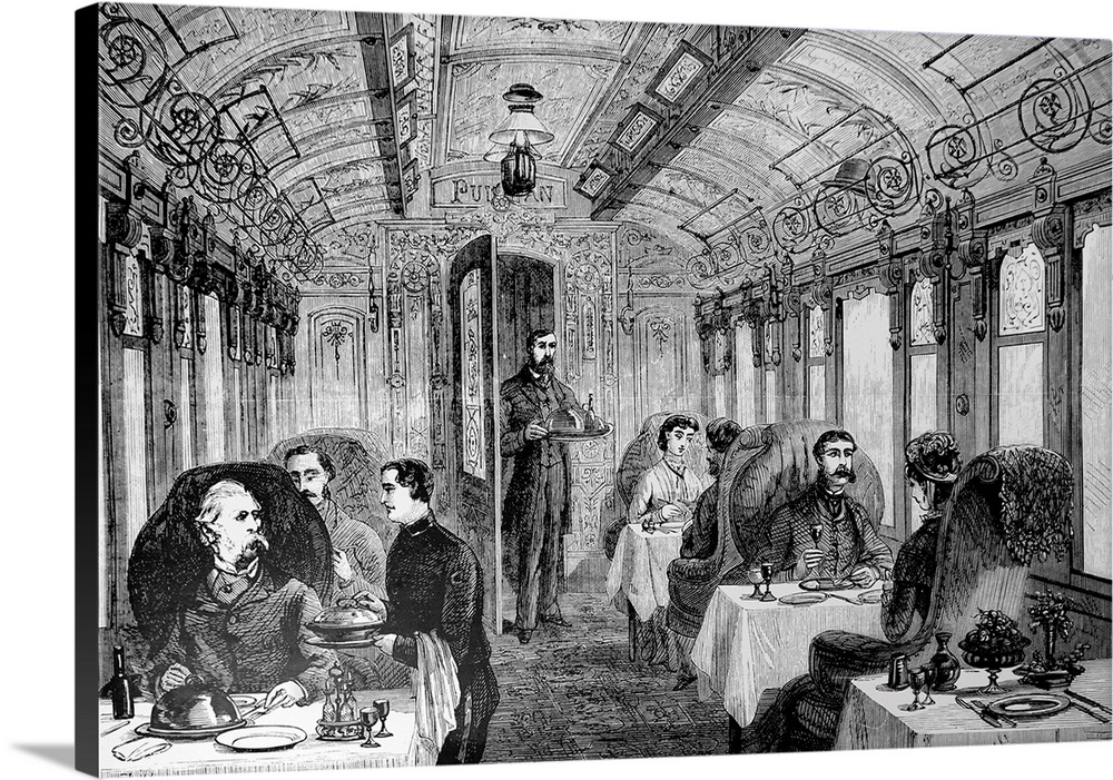 Engraving depicting passengers taking lunch in a dining car on the Great Northern Railway. Dated 19th century.