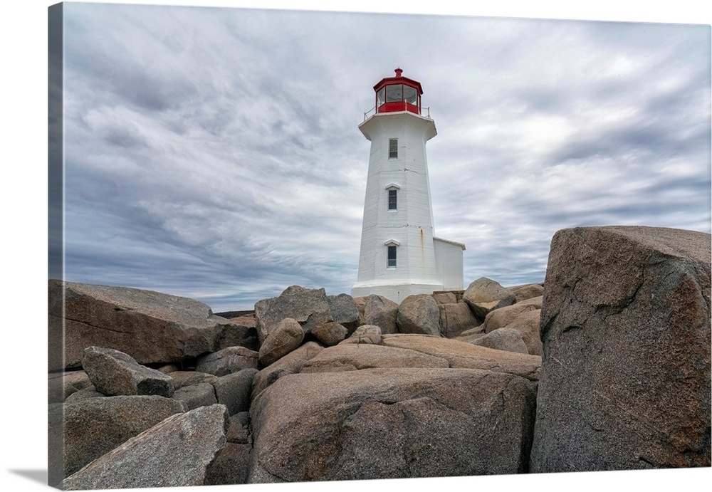 Peggy's Cove lighthouse on a moody day, Nova Scotia.