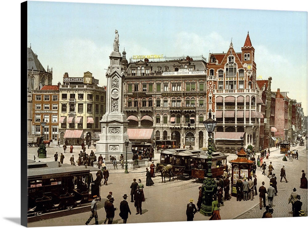 Photomechanical print dated to 1900, depicting the west end of Dam Square in Amsterdam. Horse drawn trams are seen in the ...